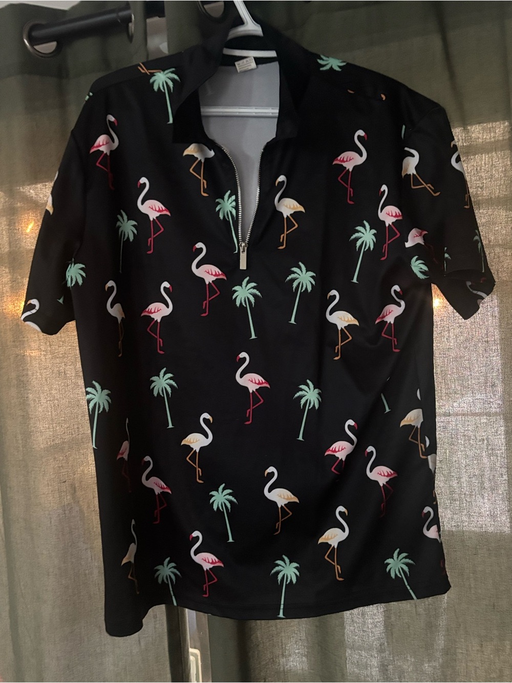 Men’s Black Flamingo Print Polo 100 % polyester with metal zip never worn